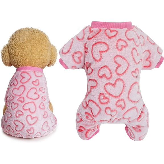 Fleece Dog Pajamas - Cute Heart Puppy Jumpsuit, Warm Soft Pet Holiday Clothes for Small Medium Cats and Dogs (Pink, L)