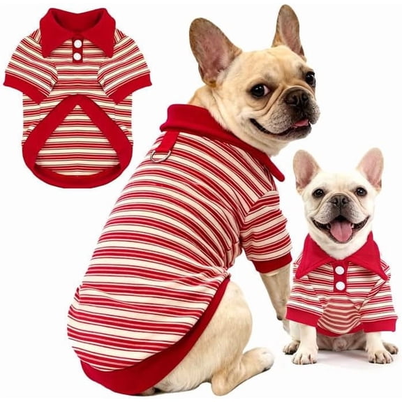 Fleece Dog Polo Tshirts with Leash Ring Lightweight Stretchy Dogs Clothes Striped Short Sleeves Pet Sweatshirt Soft Dog Shirts for Small Medium Dogs Chihuahua, Dachshund,Bulldog