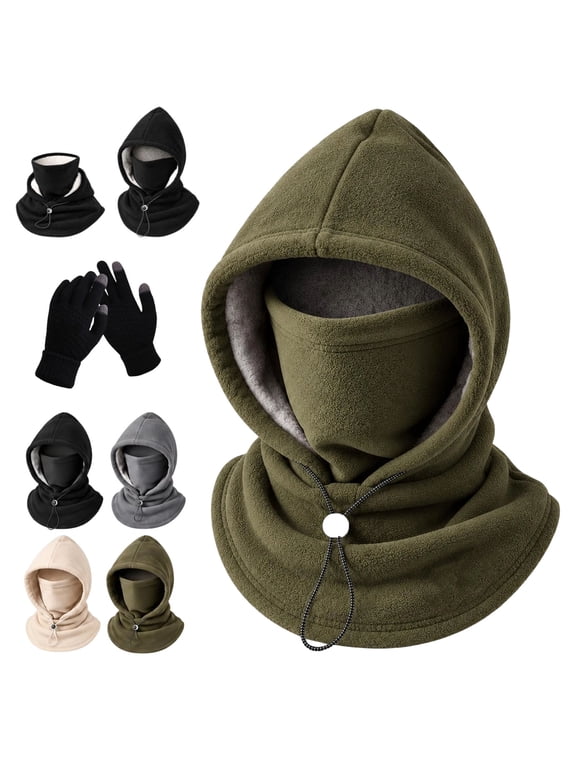Fleece DoubleLayer Integrated Hat, 3-in-1 Face & Neck Gaiter, Unisex Winter Fleece Balaclava Hood, Adjustable Windproof Designed for Cycling, Skiing and Cold Outdoor Days(Green)