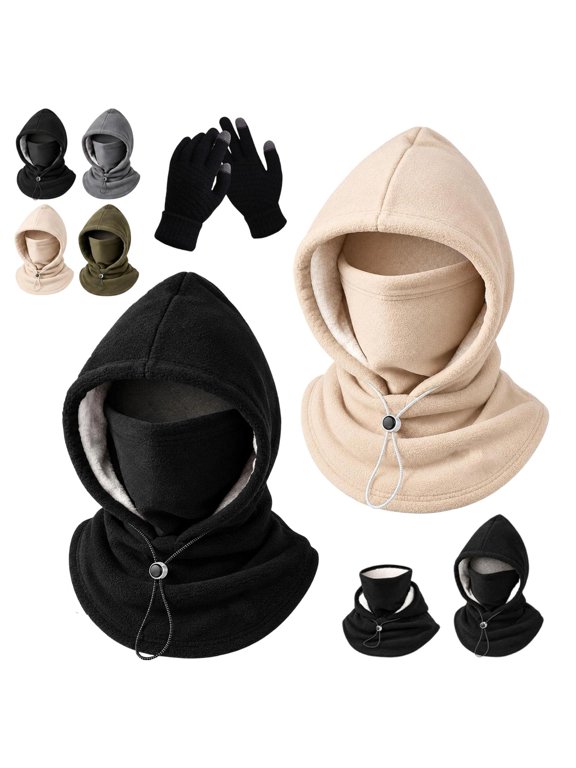 Fleece DoubleLayer Integrated Hat, 3-in-1 Face & Neck Gaiter, Unisex Winter Fleece Balaclava Hood, Adjustable Windproof Designed for Cycling, Skiing and Cold Outdoor Days