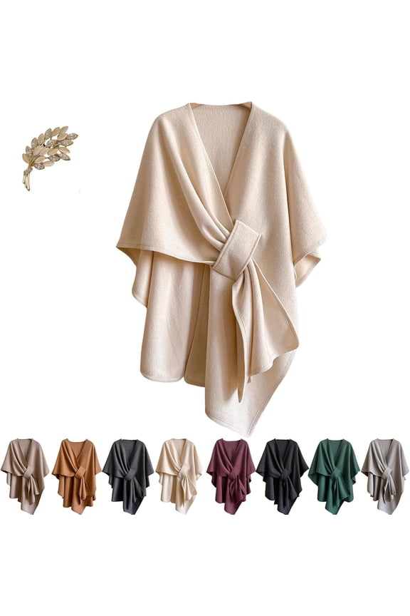 Fleece Drape Shawl, Women's Autumn/Winter Solid Color Elegant Knitted Shawl, Soft Open Front Poncho Sweater with Loop