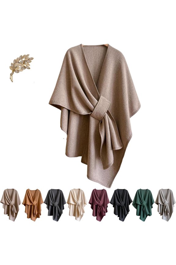 Fleece Drape Shawl, Women's Autumn/Winter Solid Color Elegant Knitted Shawl, Soft Open Front Poncho Sweater with Loop