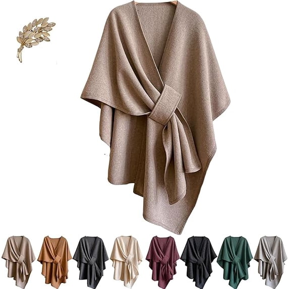 Fleece Drape Shawl Wrap for Women Autumn Winter Solid Color Elegant Knitted Shawl, Soft Open Front Poncho Sweater, Solid-Color Cardigan Shawl with Loop(Camel)