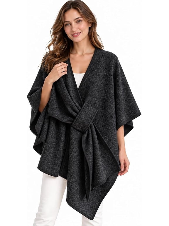 Fleece Drape Shawl Wrap for Women,Autumn Winter Solid Color Elegant Knitted Shawl, Soft Open Front Poncho Sweater, Solid-Color Cardigan Shawl with Loop