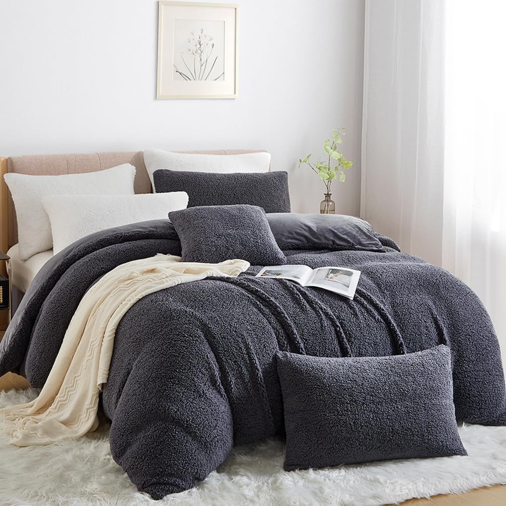 3 Piece Luxurious Fluffy Sherpa Fleece Duvet Cover Set Super Soft Reversible Plush Warm Queen Size Walmart
