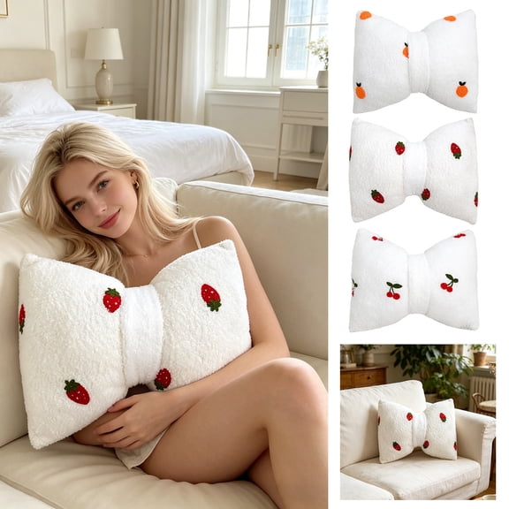 Fleece Embroidered Bow Throw Pillow with Insert, Modern Irregular Shape Soft Decorative Cushion for Home Sofa, Couch, Bed & Living Room Decor, Orange