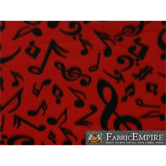 Fleece Fabric Printed ANTI PILL BLACK MUSICAL NOTES RED BACKGROUND