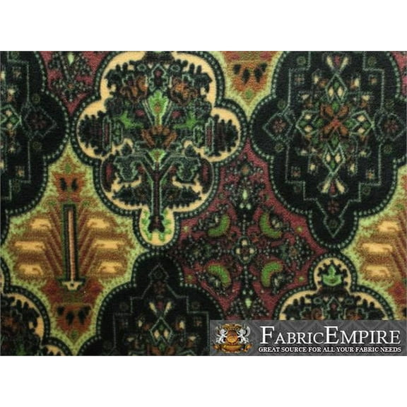 Fleece Fabric Printed ANTI PILL DAMASK PATTERN GREEN BROWN YELLOW