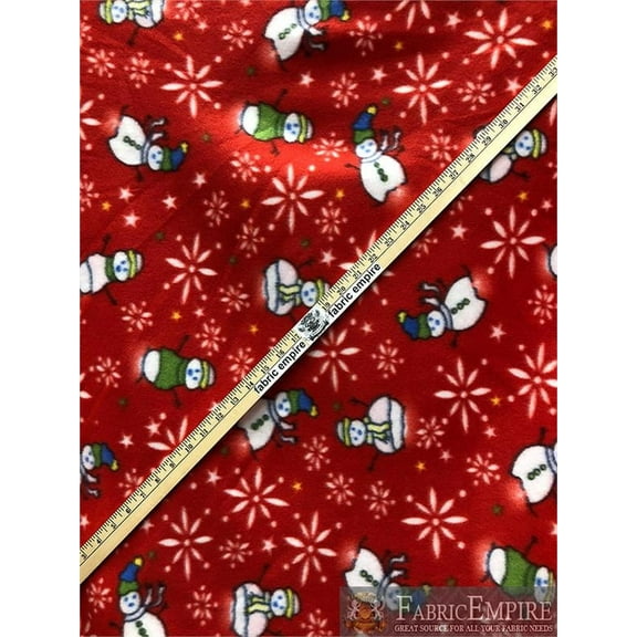 Fleece Fabric Printed ANTI PILL SNOWFLAKES AND SNOWMEN RED BACKGROUND / 58" Wide / Sold by the yard