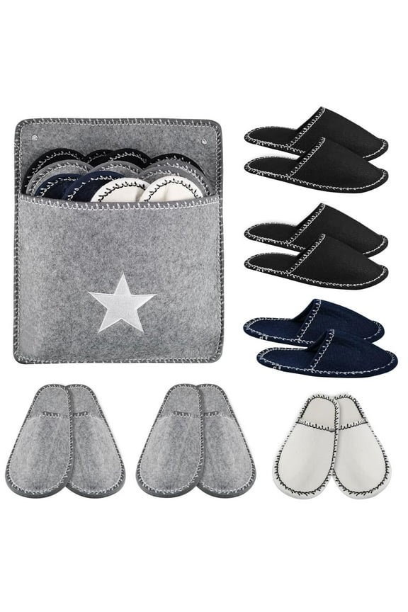 Fleece Felt Close Toe 6 Pairs Non Slip Indoor Family House Guest Slippers Set for Shoeless Home, Disposable Slippers Washable for Family, Travel, Hotel Guest and SPA