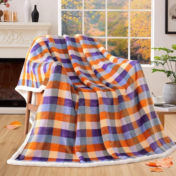 Fleece Flannel Throw Blanket, Fall Super Soft Warm Checkered Plaid Plush Blankets and Throws, Warm Autumn Winter Cozy Fuzzy Blanket for Couch Sofa Bed (Orange and Purple, 50" x 60")