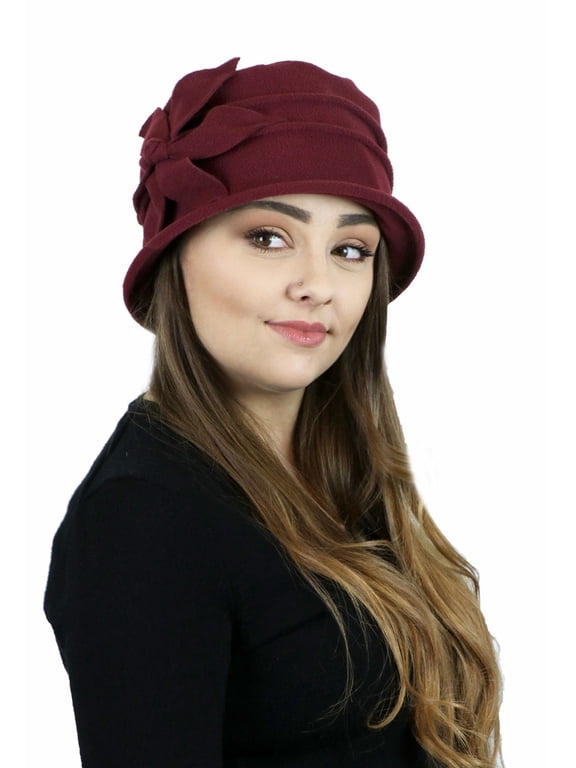 Fleece Flower Cloche Hat for Women Cancer Headwear Chemo Ladies Head Coverings (Burgundy)