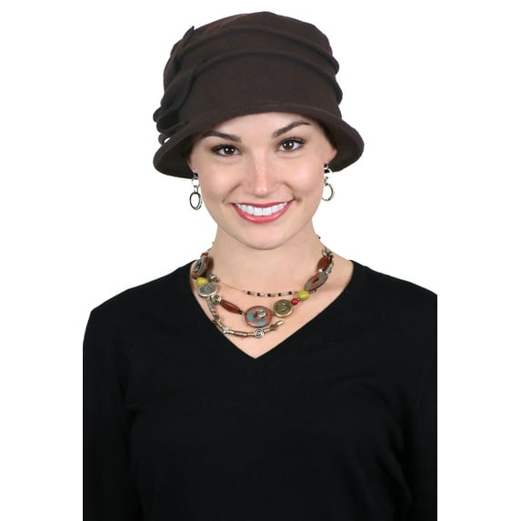 Fleece Flower Cloche Hat for Women Cancer Headwear Chemo Ladies Head Coverings (Dark Brown)