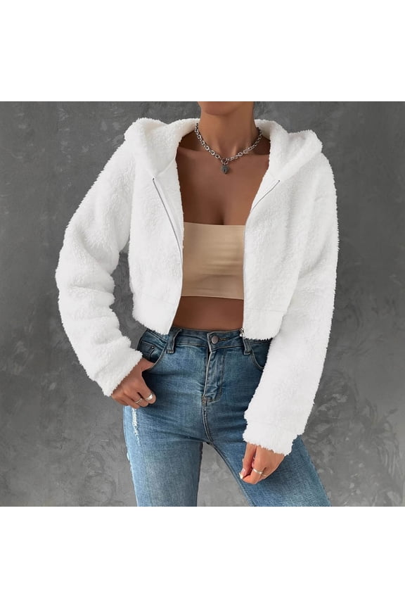 Fleece Fluffy Crop Jackets Winter Fuzzy Warm Zip Up Hoodies Faux Fur Thermal Winter Fashion Short Coats Long Sleeved Outerwear Sweater