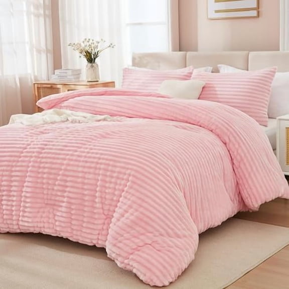 Fleece Full Comforter Set, 3 Pieces Pink Comforter Set for Full Size Bed, Soft Warm Fluffy Fuzzy Bedding Set for Winter (1 Comforter & 2 Pillowcases)