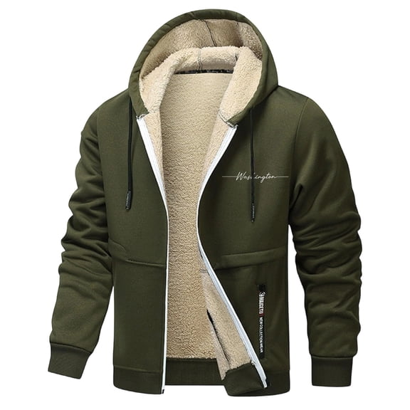 Full Zip Hoodie for Mens Winter Warm Lined Jacket with Letter Print Outdoor Cozy Long Sleeve Thick Outwear for Cold Weather Wear A-Army Green XL