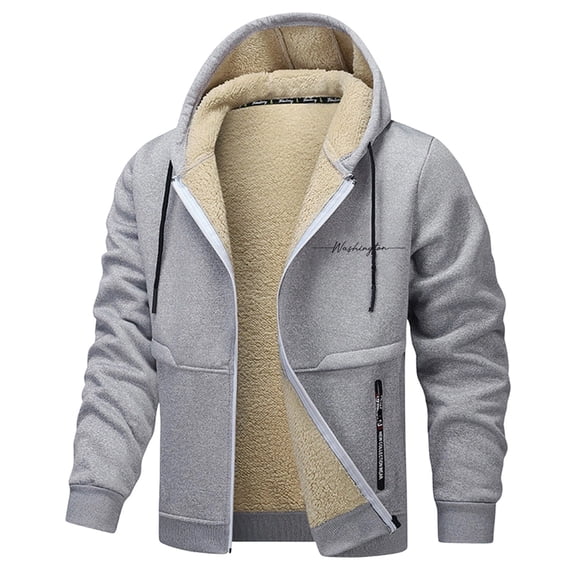 Fleece Full Zip Hoodie for Mens Winter Warm Lined Jacket with Letter Print Outdoor Cozy Long Sleeve Thick Outwear for Cold Weather Wear A-Grey S