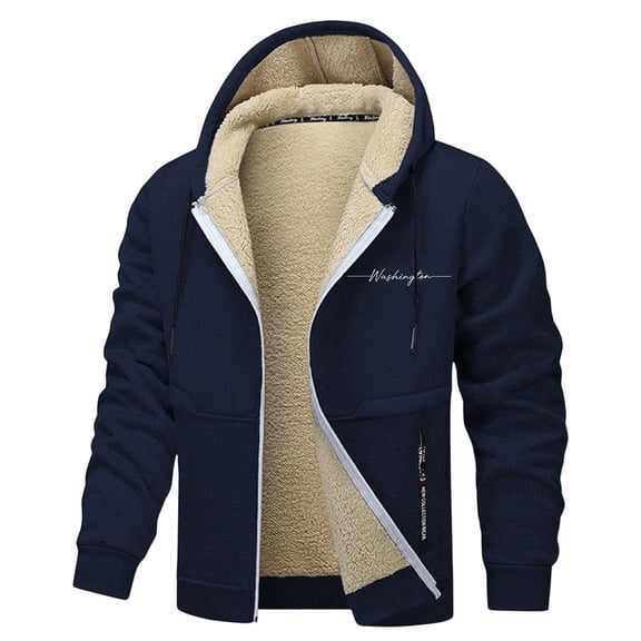 Full Zip Hoodie for Mens Winter Warm Lined Jacket with Letter Print Outdoor Cozy Long Sleeve Thick Outwear for Cold Weather Wear A-Navy XL