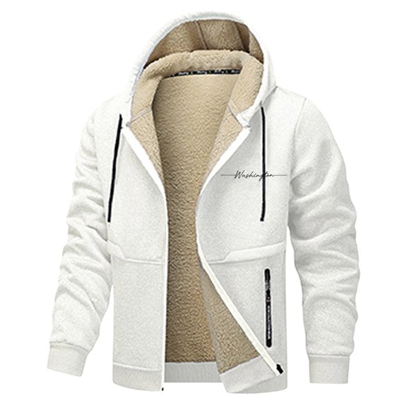 Fleece Full Zip Hoodie for Mens Winter Warm Lined Jacket with Letter Print Outdoor Cozy Long Sleeve Thick Outwear for Cold Weather Wear A-White XXXL