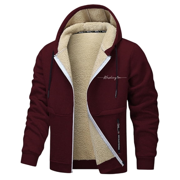 Fleece Full Zip Hoodie for Mens Winter Warm Lined Jacket with Letter Print Outdoor Cozy Long Sleeve Thick Outwear for Cold Weather Wear A-Wine M