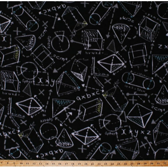 Fleece Geometry Geometric Shapes Chalkboard Drawings 3D Diagrams Equations Formulas Numbers Algebra Mathematics Science School Education Teachers Black Fleece Fabric Print by the Yard