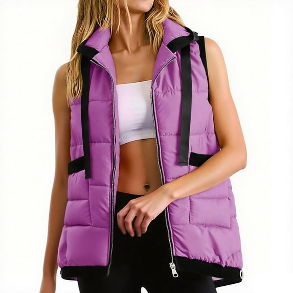 Fleece Gilet for Women Body Warmers Vest Tops Solid Color Lightweight Cozy Gilets Stand Collar Sleeveless Zip Waistcoat with Pockets Purple L