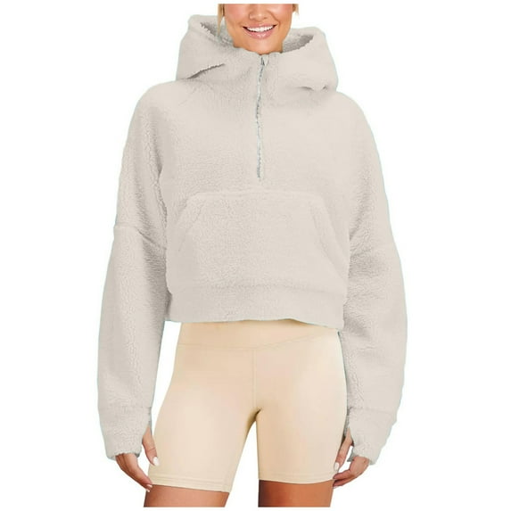 Fleece Half Zip Pullover Hoodies for Women High Neck Pocket Hooded Crop Plain Sweatshirt Long Sleeve Sweater Top (XX-Large, Beige)