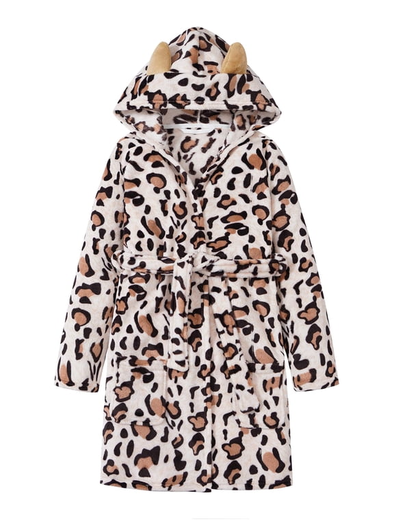Fleece Hooded Cat Robes for Young Girls Cozy Soft White Leopard Kid Size 10