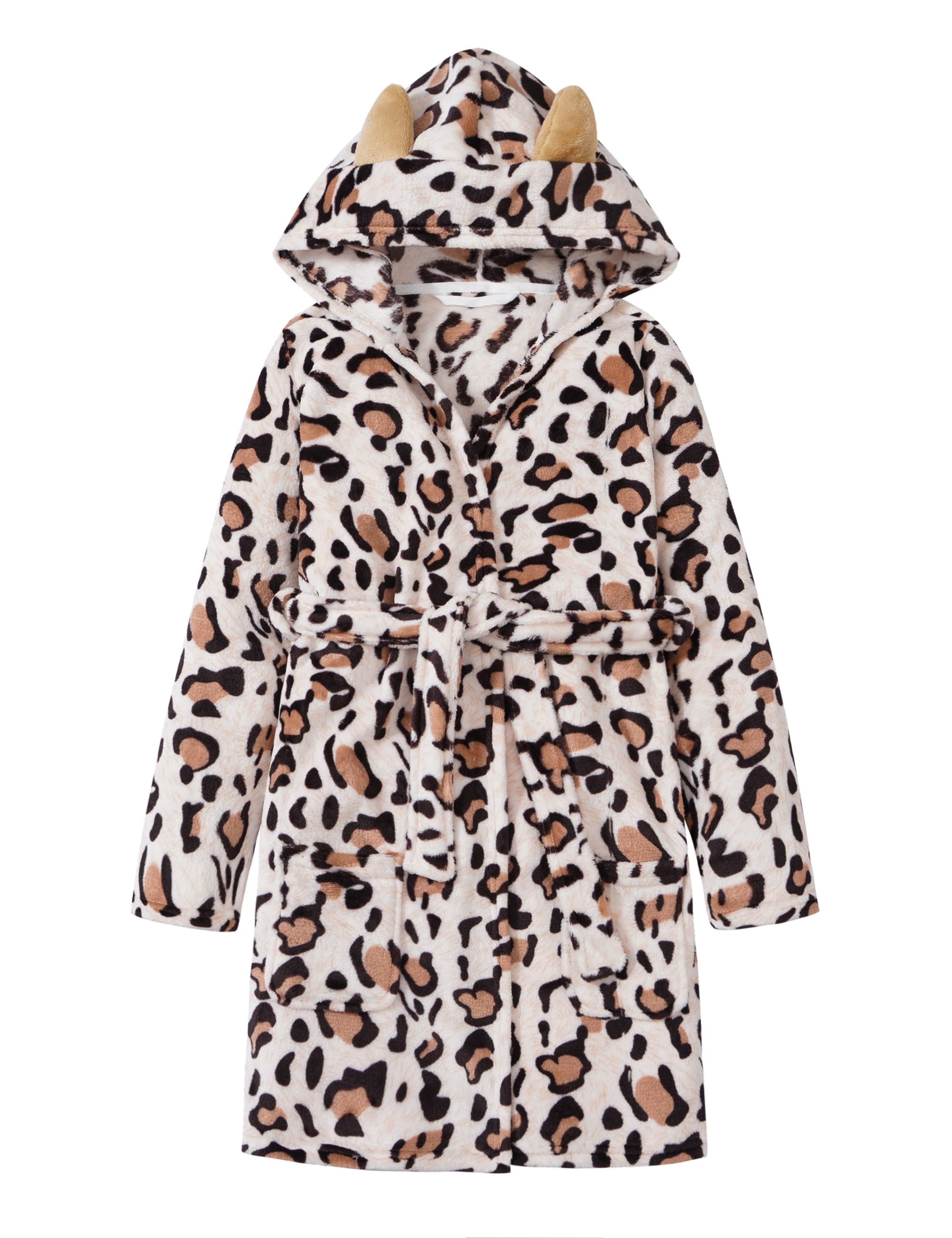 Fleece Hooded Cat Robes for Young Girls Cozy Soft White Leopard Kid