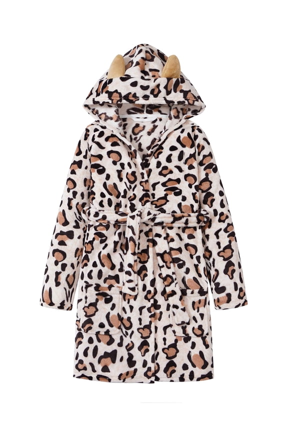 Fleece Hooded Cat Robes for Young Girls Cozy Soft White Leopard Kid Size 8