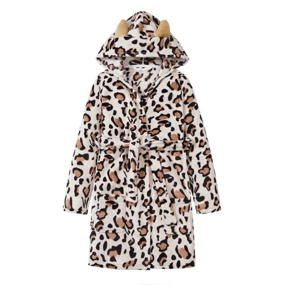 Fleece Hooded Cat Robes for Young Girls Cozy Soft White Leopard Kid Size 8