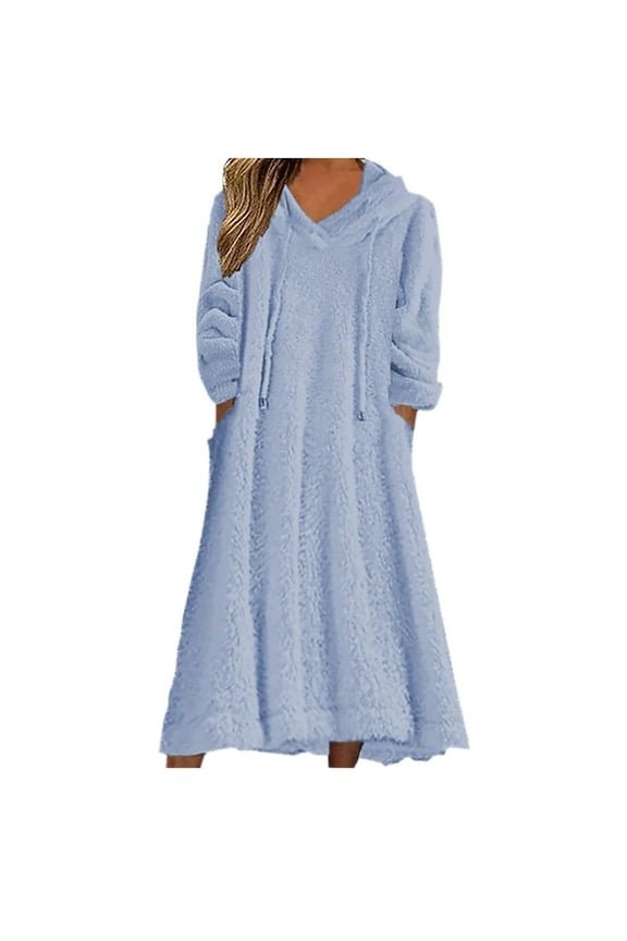 Fleece Hooded Dress Women Plush Fuzzy Sherpa Sleepwear Robe Fluffy Oversized Nightgown Pullover Lounger House Coat