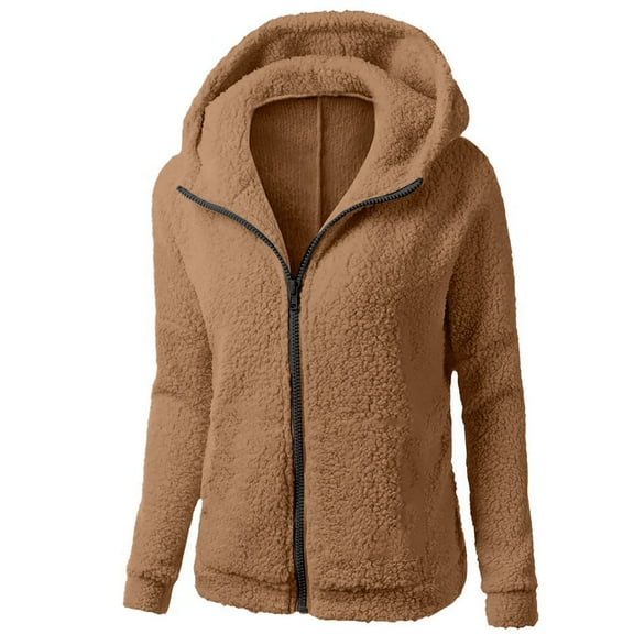 Fleece Hooded Jacket for Women Zip up Plush Coat Oversized Sherpa Lined Winter Warm Outerwear Long Sleeve Sweater Jackets