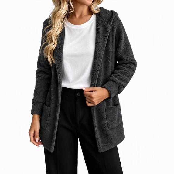 Fleece Hooded Jackets for Women Casual Warm Open-Front Sweater Cardigans with Pockets Solid Long Sleeve Outerwear (M, Black)
