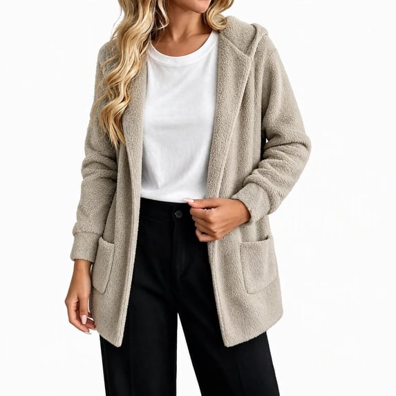 Fleece Hooded Jackets for Women Casual Warm Open-Front Sweater Cardigans with Pockets Solid Long Sleeve Outerwear (XL, Khaki)