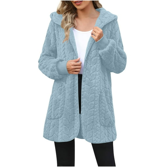 Fleece Hooded Jackets for Women Trendy Fall Winter Open Front Cardigan Warm Outerwear with Pockets New Jacket for Women Blue M