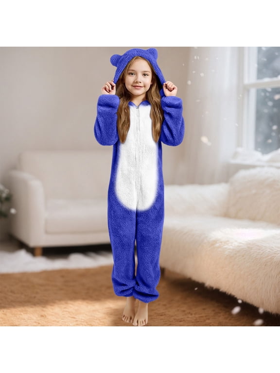 Fleece Hooded Onesie Pajamas Fall Winter Outfits Fuzzy Winter Onesie Romper Costume Cute Ear Hood Fleece Onesie Full Length Onesie Girls Fleece Hooded Jumpsuit Zip Up Hooded Onesie Blue