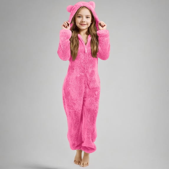 Fleece Hooded Onesie Pajamas Fall Winter Outfits Loose Fit Full Length Onesie Zip Up Hooded Onesie Boys Onesie Pajamas Girls Fuzzy Winter Onesie Romper Costume Girls Fleece Hooded Jumpsuit Hot Pink