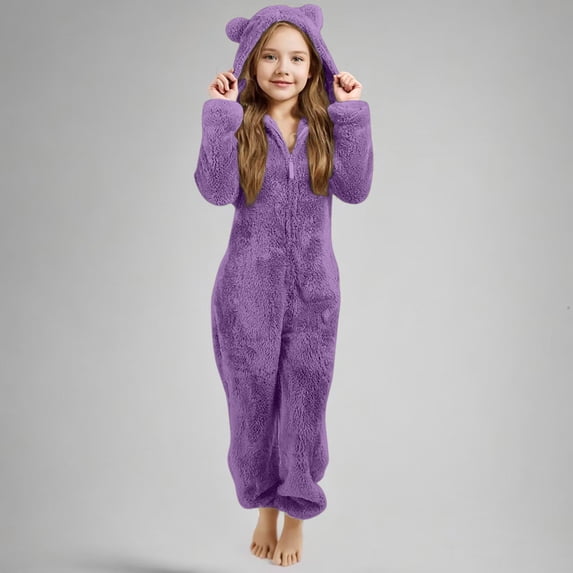 Fleece Hooded Onesie Pajamas Fleece Onesie Zip Up Hooded Onesie Cute Ear Hood Girls Fleece Hooded Jumpsuit Boys Onesie Pajamas Girls Home Daily Plush Bodysuit Loose Fit Zip-Front Dark Purple