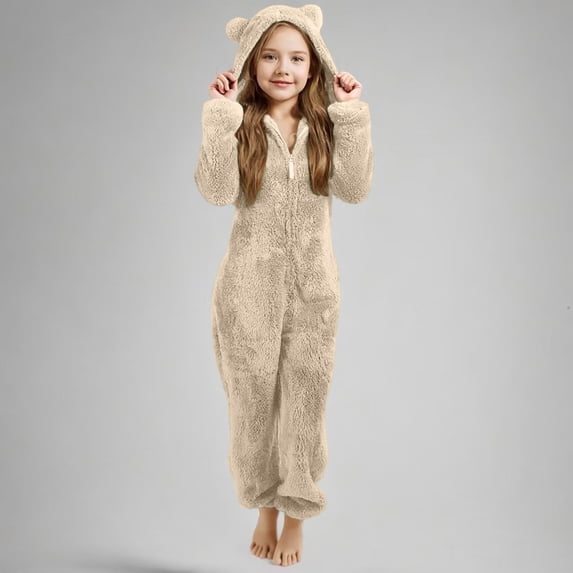 Fleece Hooded Onesie Pajamas Zip Up Hooded Onesie Zip-Front Girls Fleece Hooded Jumpsuit Long Sleeve One Piece Sleepwear With Pockets Boys Onesie Pajamas Girls Full Length Onesie Loose Fit Beige