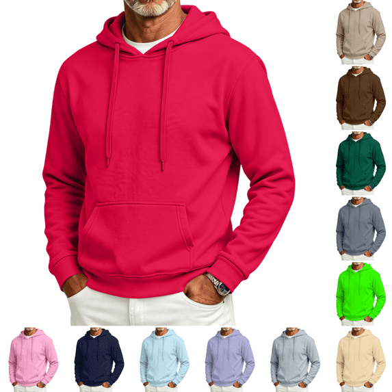 Fleece Hooded Sweatshirt for Men Casual Stylish Comfy Long Sleeves Pullover Fall Winter Thermal Drawstring Solid Color Pullover Red XL