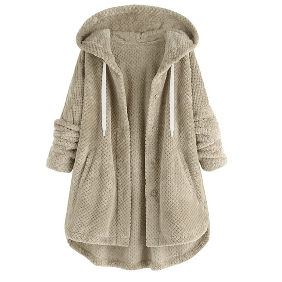 Fleece Hoodie Jackets Ladies 2025 Winter Warm Cardigan Coats Long Sleeve Button Up Drawcord Hooded Sweaters (M, Khaki)