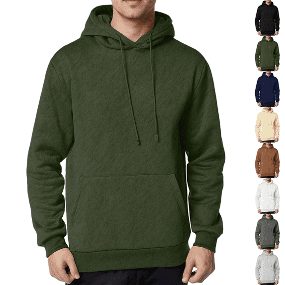 Fleece Hoodie Mens Plain Long Sleeve Hooded Sweatshirt Casual Basic Essential Drawstring Pullover Hoodie With Pocket Army Green M