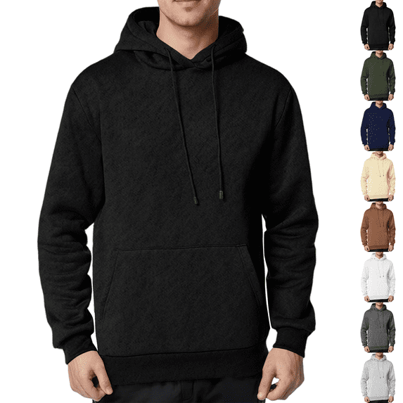 Fleece Hoodie Mens Plain Long Sleeve Hooded Sweatshirt Casual Basic Essential Drawstring Pullover Hoodie With Pocket Black M