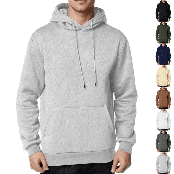 Fleece Hoodie Mens Plain Long Sleeve Hooded Sweatshirt Casual Basic Essential Drawstring Pullover Hoodie With Pocket Light Gray S
