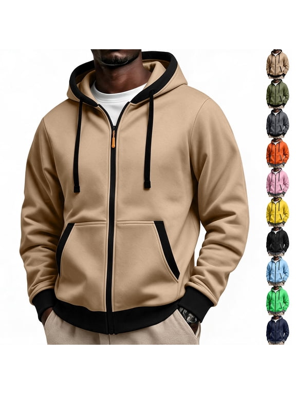 Fleece Hoodie for Men Featuring Full Zip Front Drawstring Hood Hooded Sweatshirt Jacket with Kangaroo Pockets for Weekend Wear Yellow M