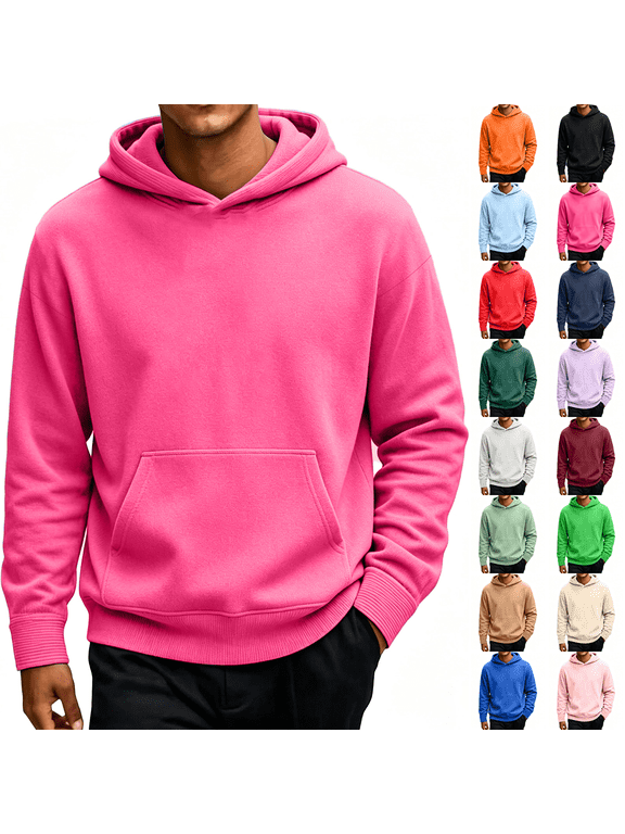Fleece Hoodies Men Hooded Sweatshirt Pullover Tops Long Sleeve Drawstring Lightweight Winter Clothing Hot Pink S