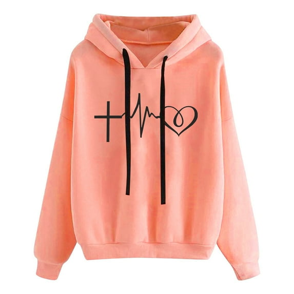Fleece Hoodies for Women Heart Print Hooded Tops Pullover Sweatshirt Long Sleeve s with Pocket and Drawstring Hoody Casual Loose Fit Sweatshirts Teen Girls Cute Fall Winter Hoodie Fashion