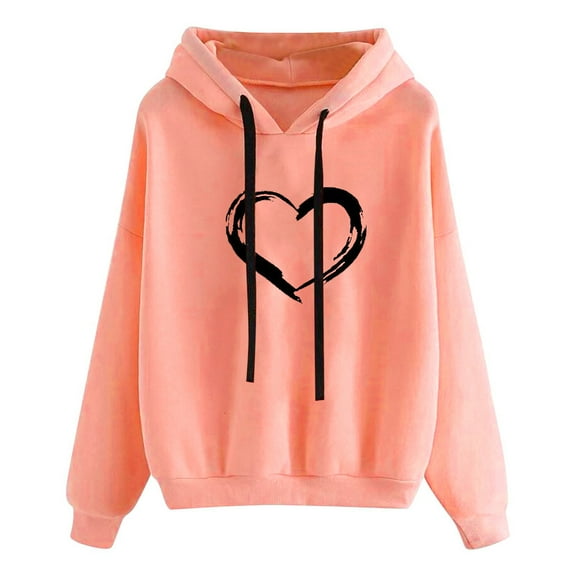 Fleece Hoodies for Women Heart Print Hooded Tops Pullover Sweatshirt Long Sleeve s with Pocket and Drawstring Hoody Casual Loose Fit Sweatshirts Teen Girls Cute Fall Winter Hoodie Fashion