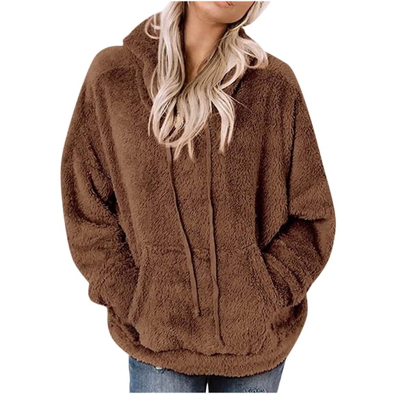 Fleece Hoodies for Women Pullover Oversized Fuzzy Cozy Long Sleeve Sweatshirts Warm Teddy Bear Sweaters Hooded Drawstring Casual Fall Fashion Hoodie with Pockets